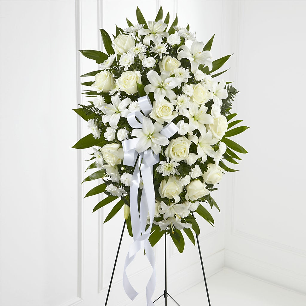 Exquisite Tribute Standing Spray-White Ribbon – BUEHLER'S FLORAL, Wooster OH